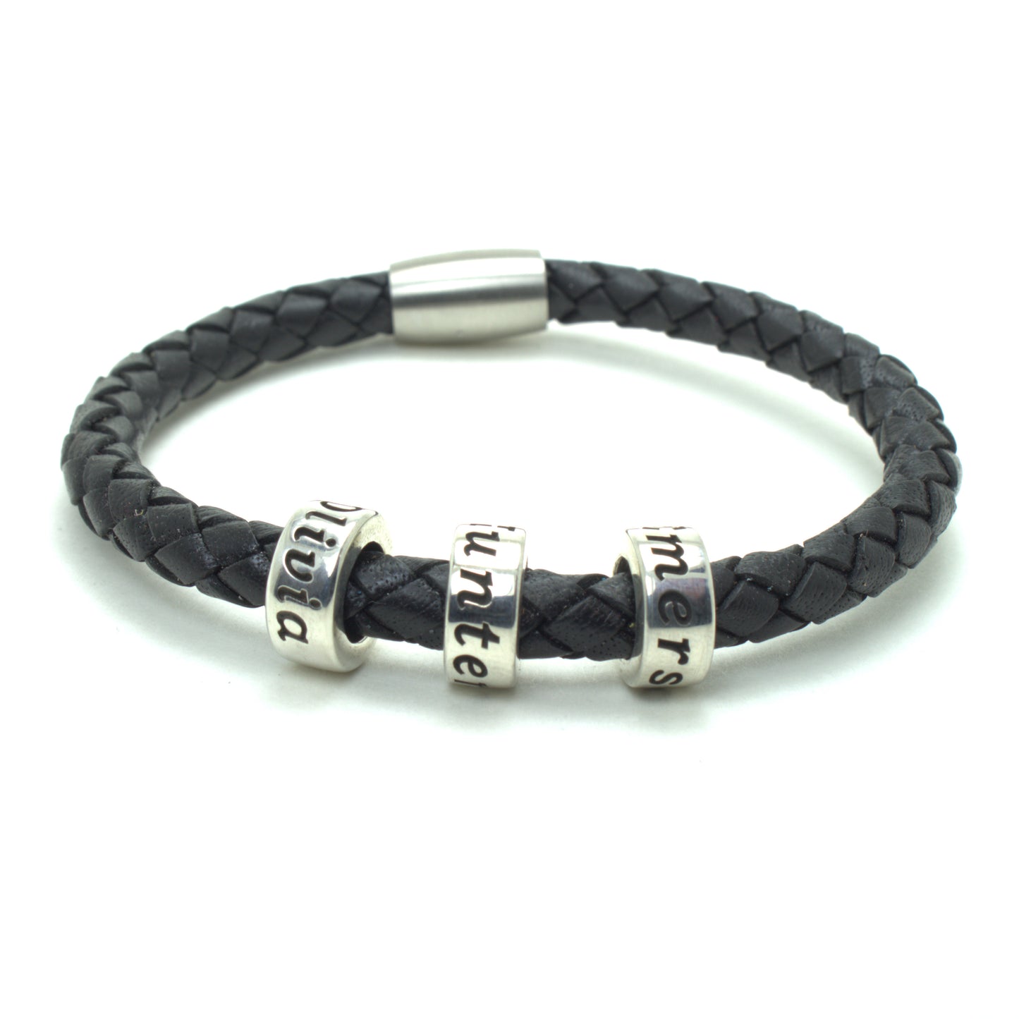 Black Braided Leather Bracelet with Personalized Sterling Silver Name Beads