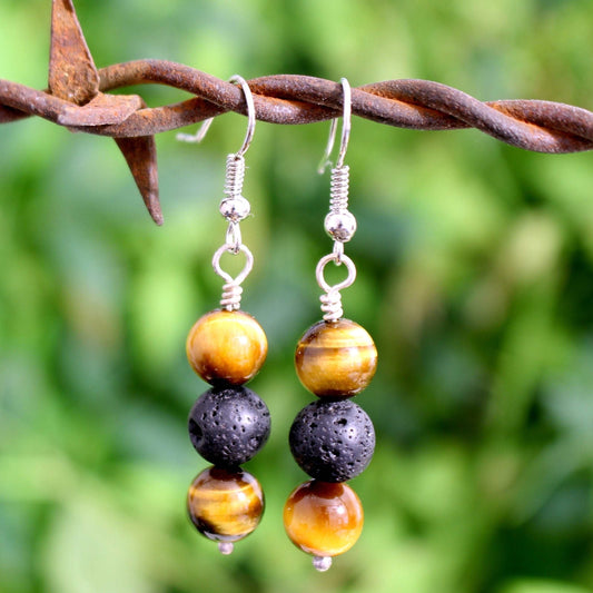 Sterling Silver Lava Rock and Tiger Eye Earrings