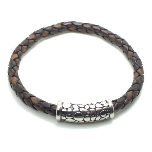 Handmade antique brown leather bracelet with braided design and pebble-textured metal clasp