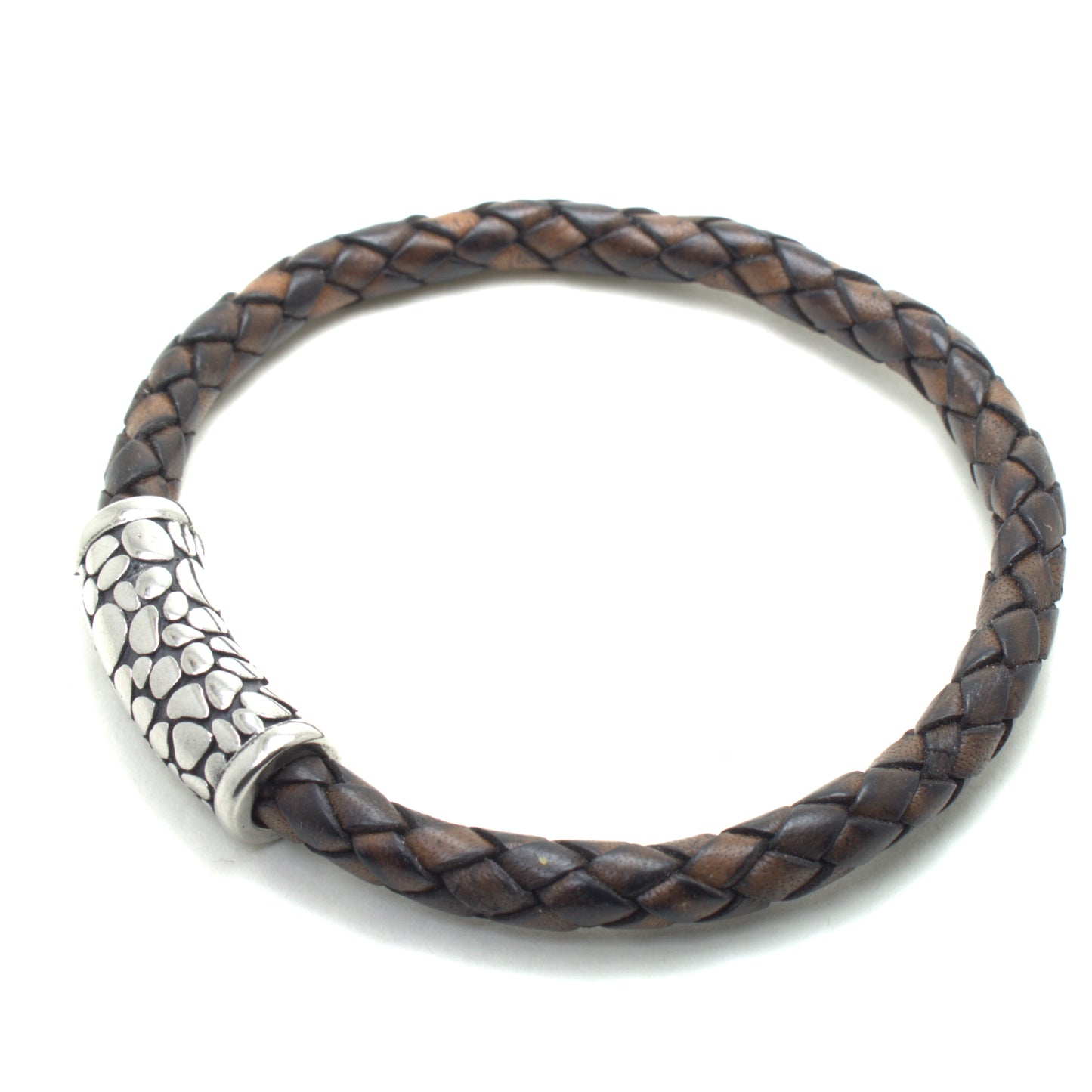 Antique Brown Braided Round Genuine Leather Bracelet Textured Clasp
