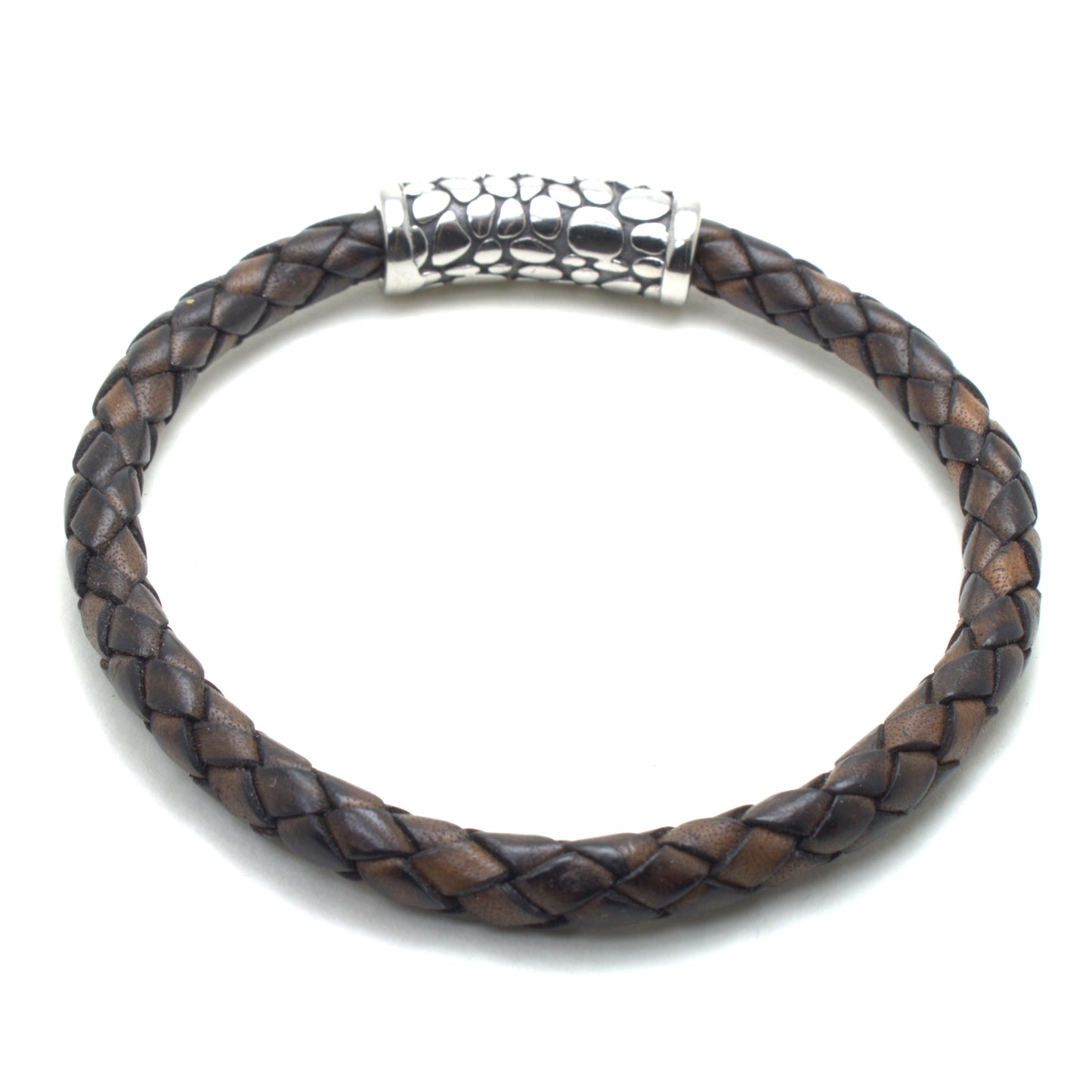 Antique Brown Braided Round Genuine Leather Bracelet Textured Clasp