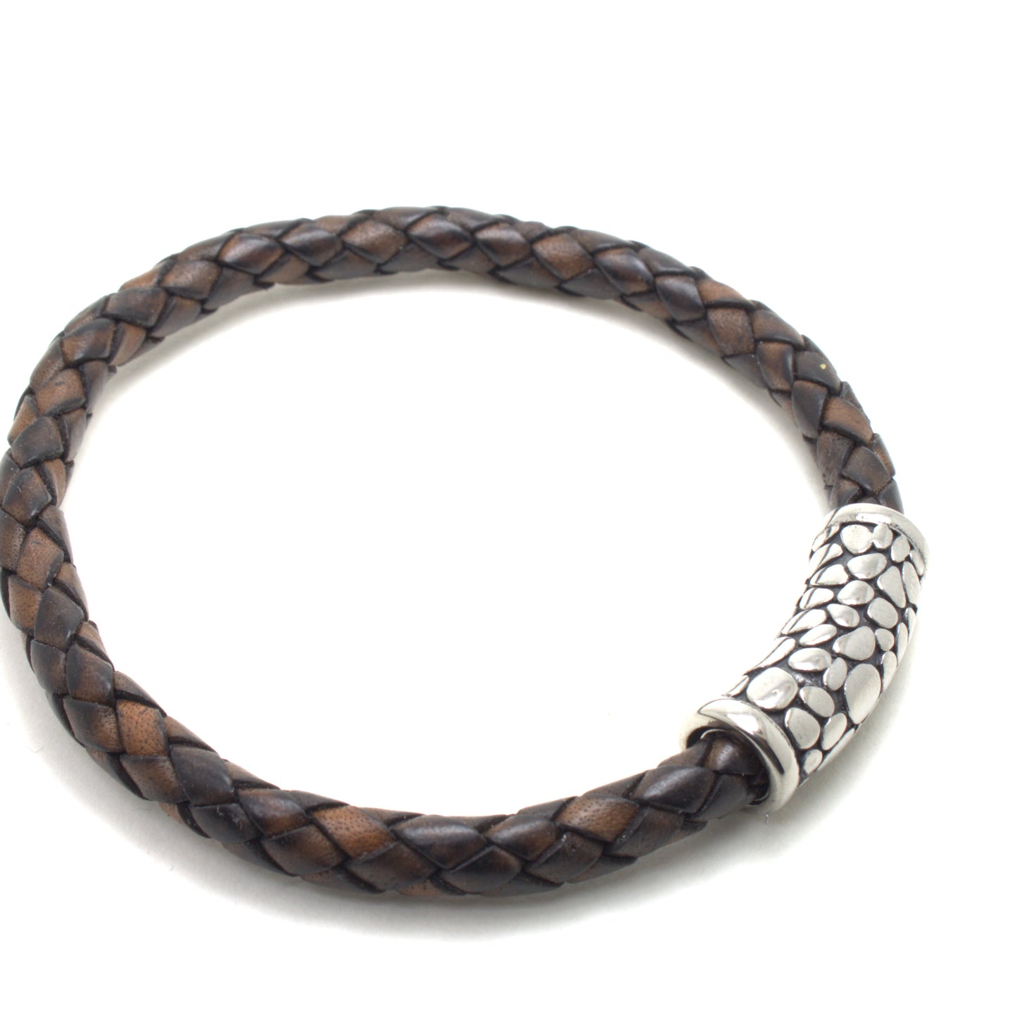 Antique Brown Braided Round Genuine Leather Bracelet Textured Clasp