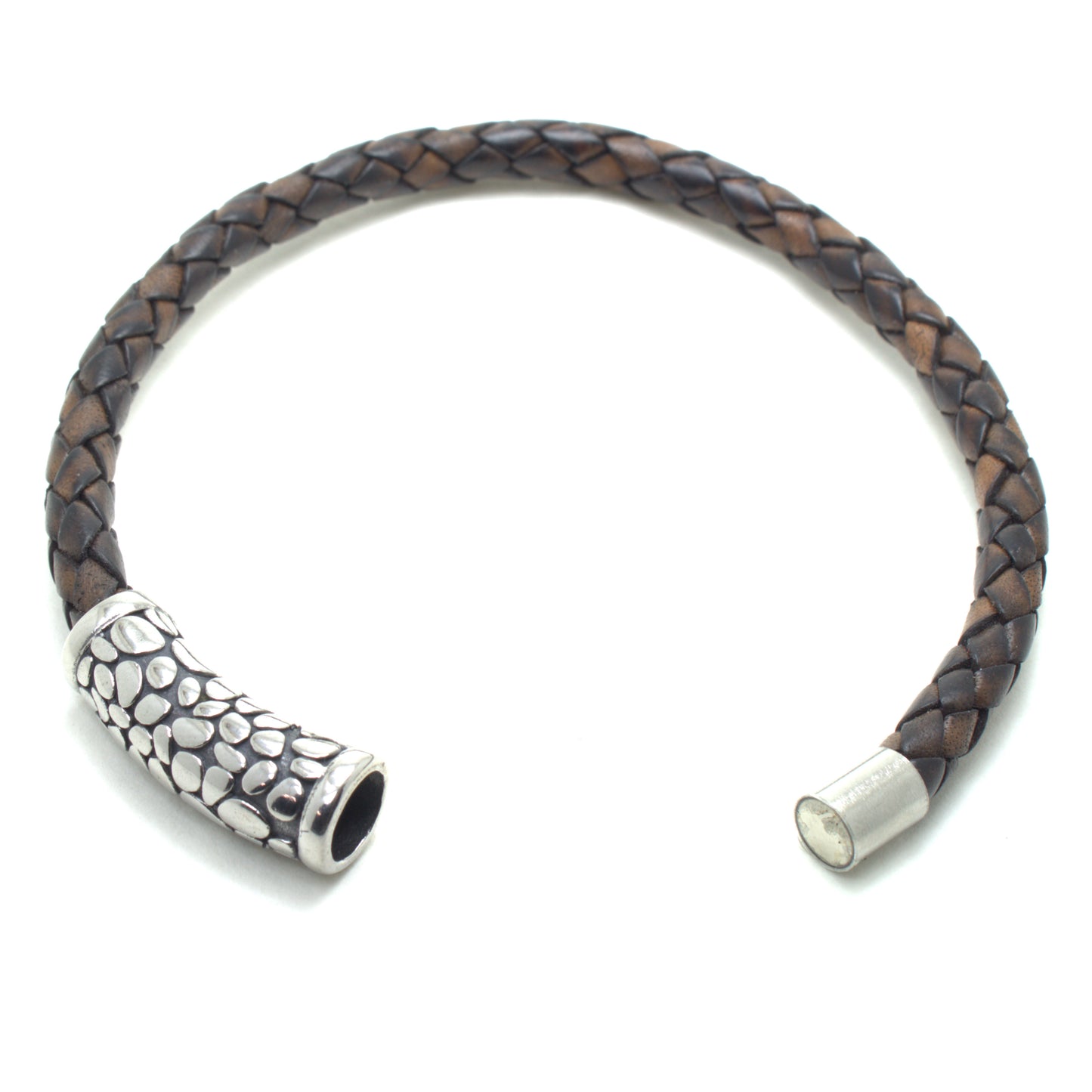 Antique Brown Braided Leather Bracelet with Textured Metal Clasp – Handcrafted Boho Chic Jewelry