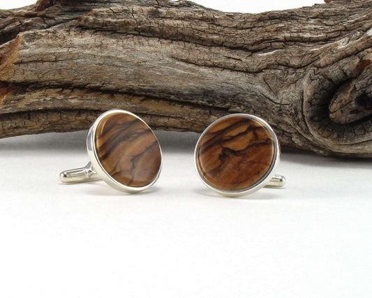 925 Sterling Silver Cuff Links with Bethlehem Olive Wood Inlay