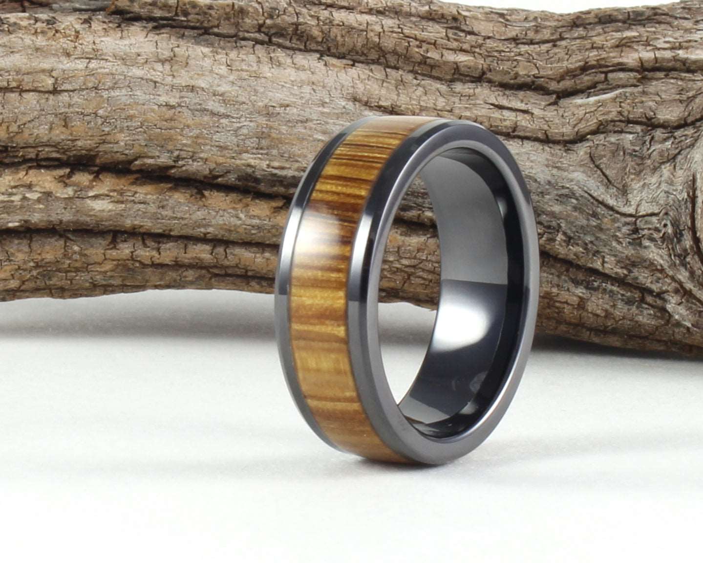 Black Ceramic Ring with Whiskey Barrel Wood Inlay