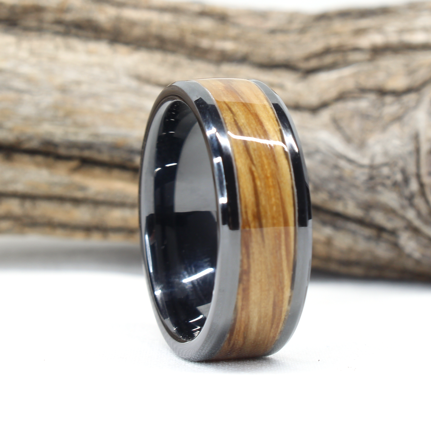 Black Ceramic Ring with Whiskey Barrel Wood Inlay Face Grain