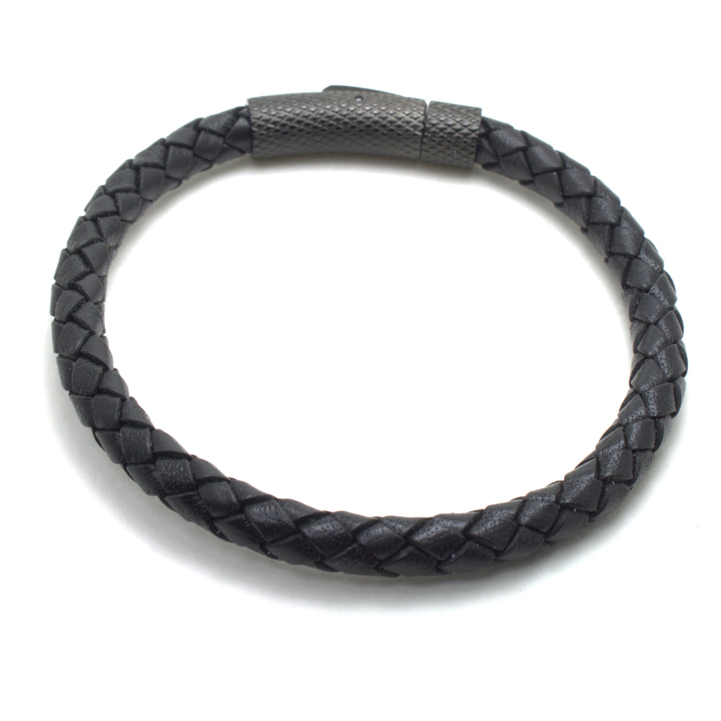 Black Braided Round Genuine Leather Bracelet Stainless Steel Bayonet Clasp