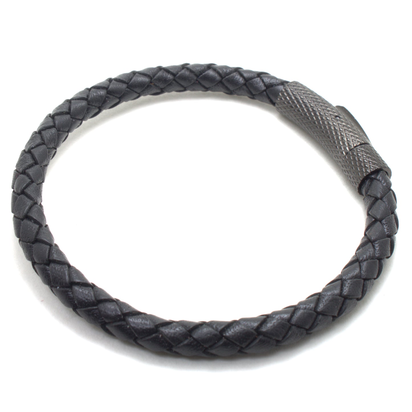 Black Braided Round Genuine Leather Bracelet Stainless Steel Bayonet Clasp