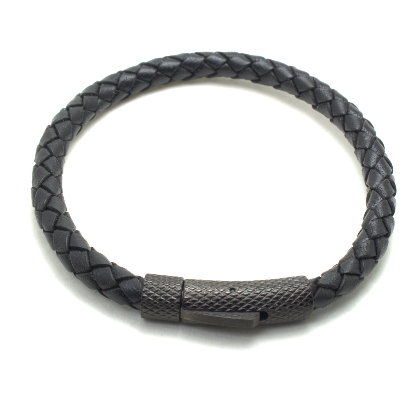 Black Braided Round Genuine Leather Bracelet Stainless Steel Bayonet Clasp