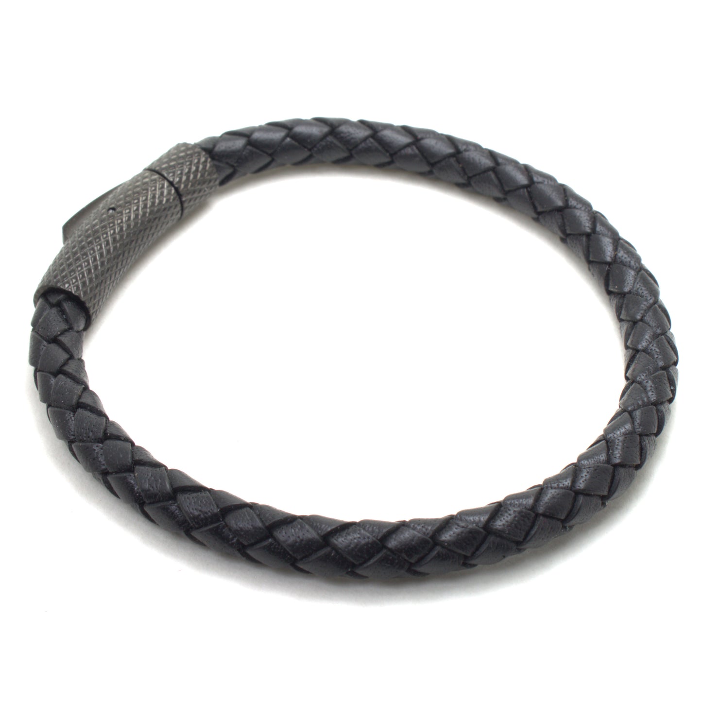 Black Braided Round Genuine Leather Bracelet Stainless Steel Bayonet Clasp