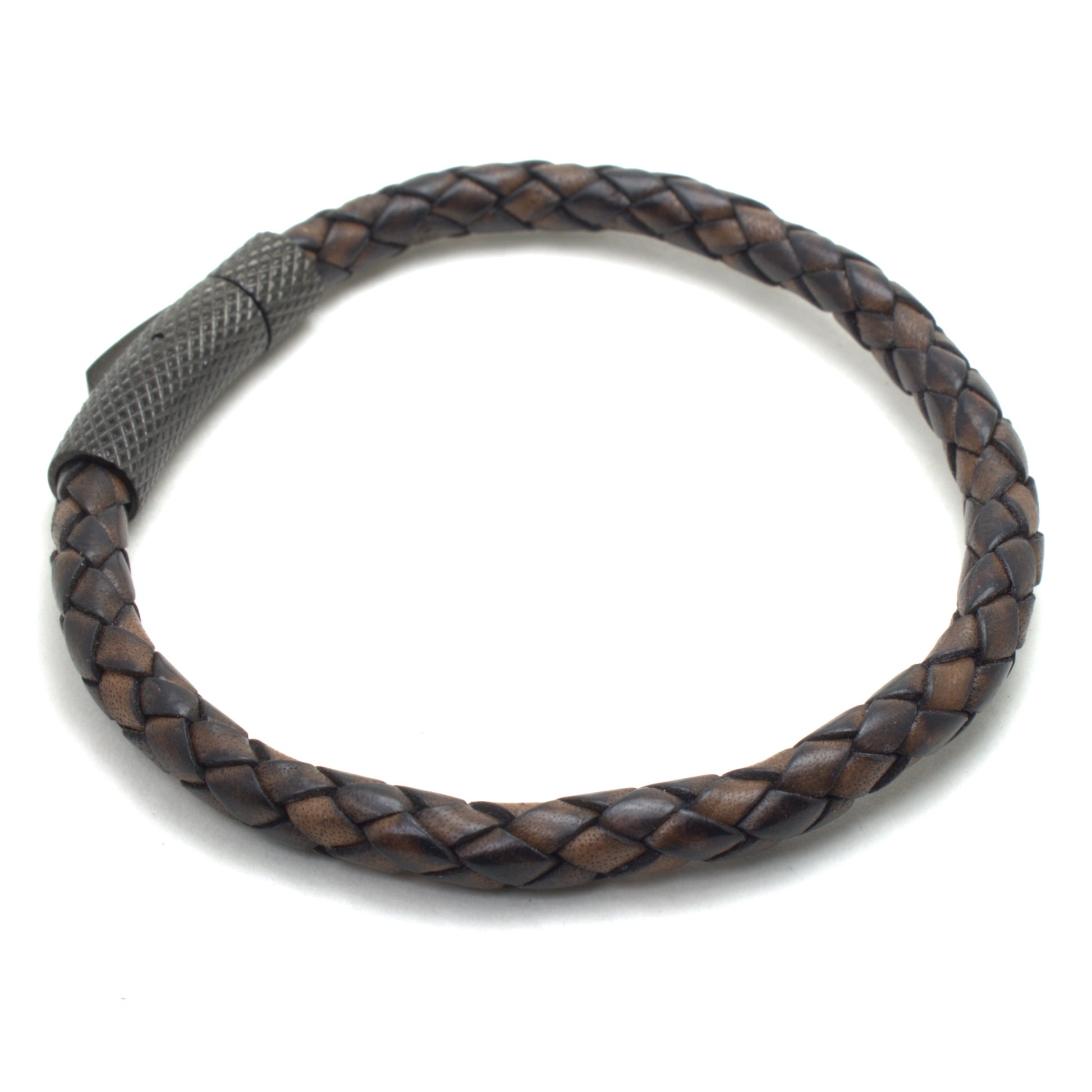 Antique brown braided genuine leather bracelet with a stainless steel bayonet clasp.