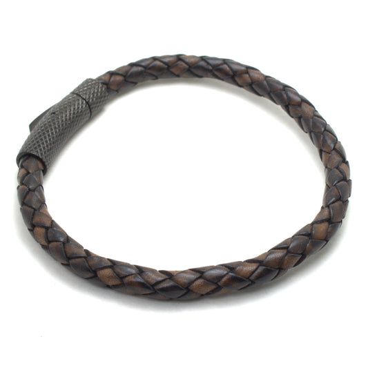 Antique brown braided genuine leather bracelet with a stainless steel bayonet clasp.