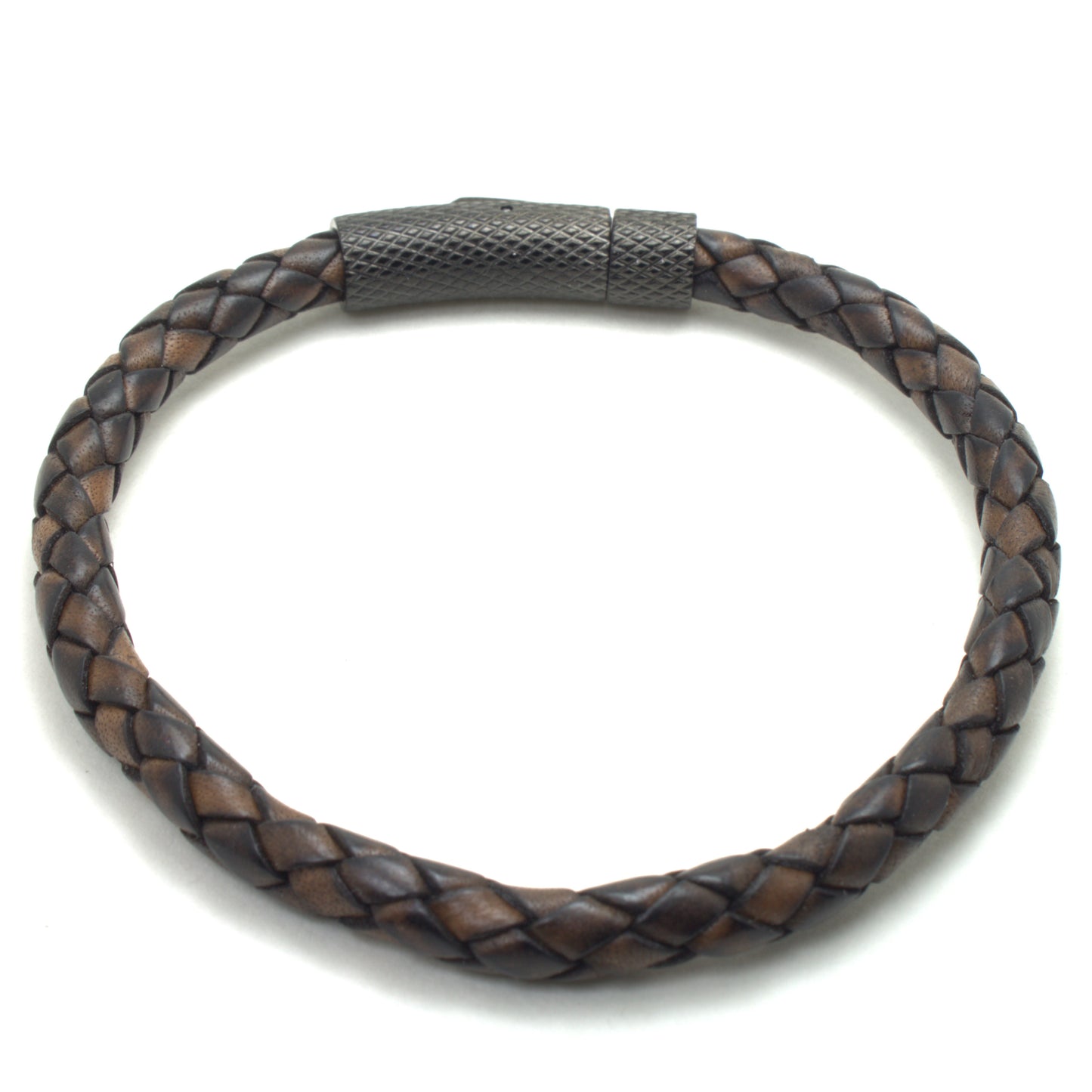 Antique Brown Braided Round Genuine Leather Bracelet Stainless Steel Bayonet Clasp