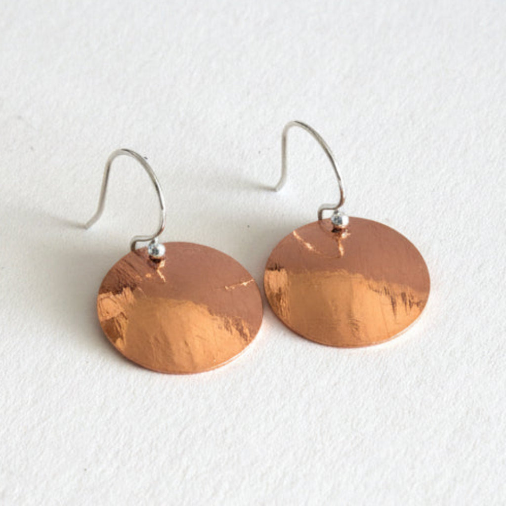 Copper Domed Disc Hammered Textured Earrings - Handcrafted