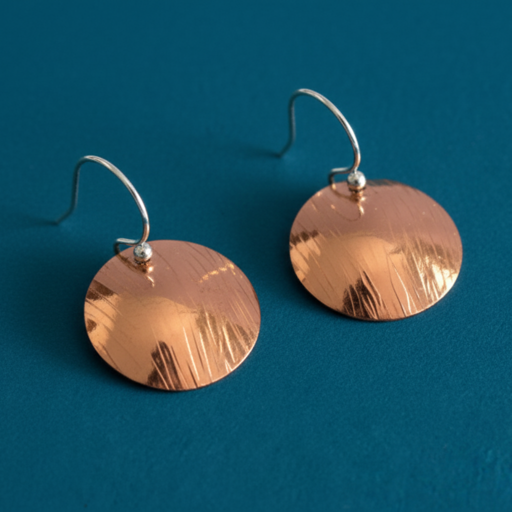 Copper Domed Disc Hammered Textured Earrings - Handcrafted