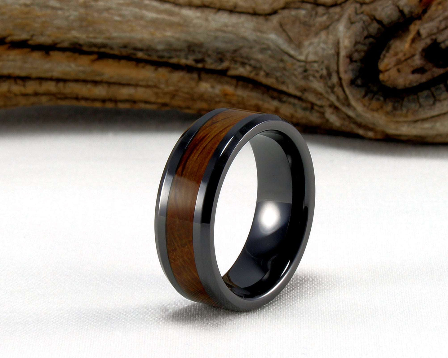 Black Ceramic Ring with Whiskey Barrel Wood Inlay