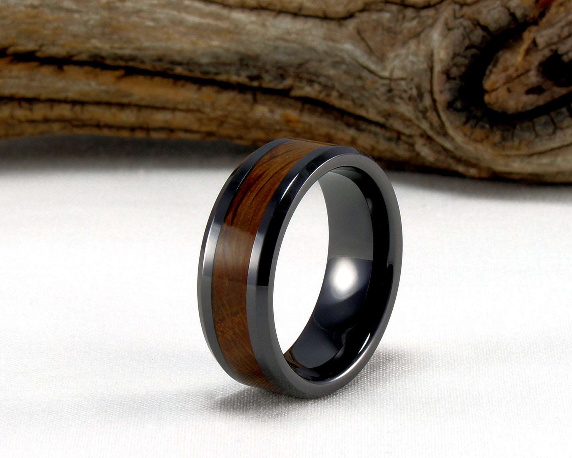 Black Ceramic Ring with Whiskey Barrel Wood Inlay
