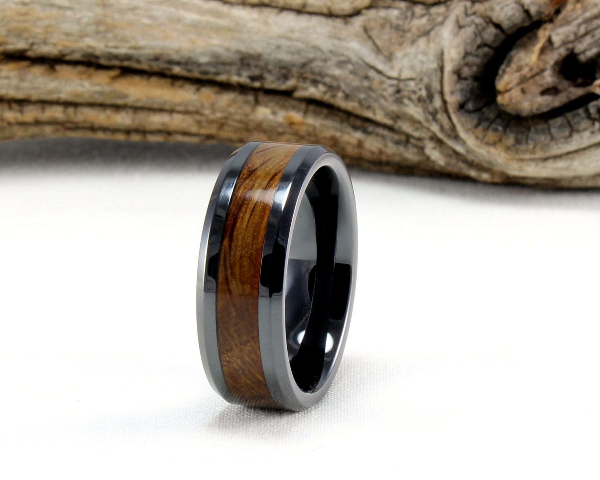 Black Ceramic Ring with Whiskey Barrel Wood Inlay