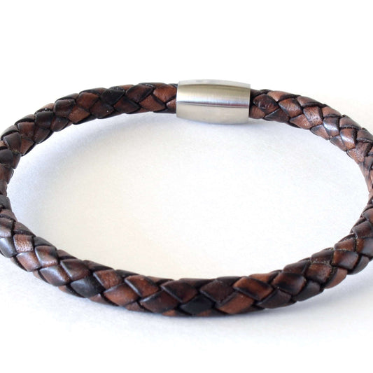 Natural Antique Brown Handcrafted braided leather bracelet with stainless steel magnetic clasp, displayed on a neutral background.
