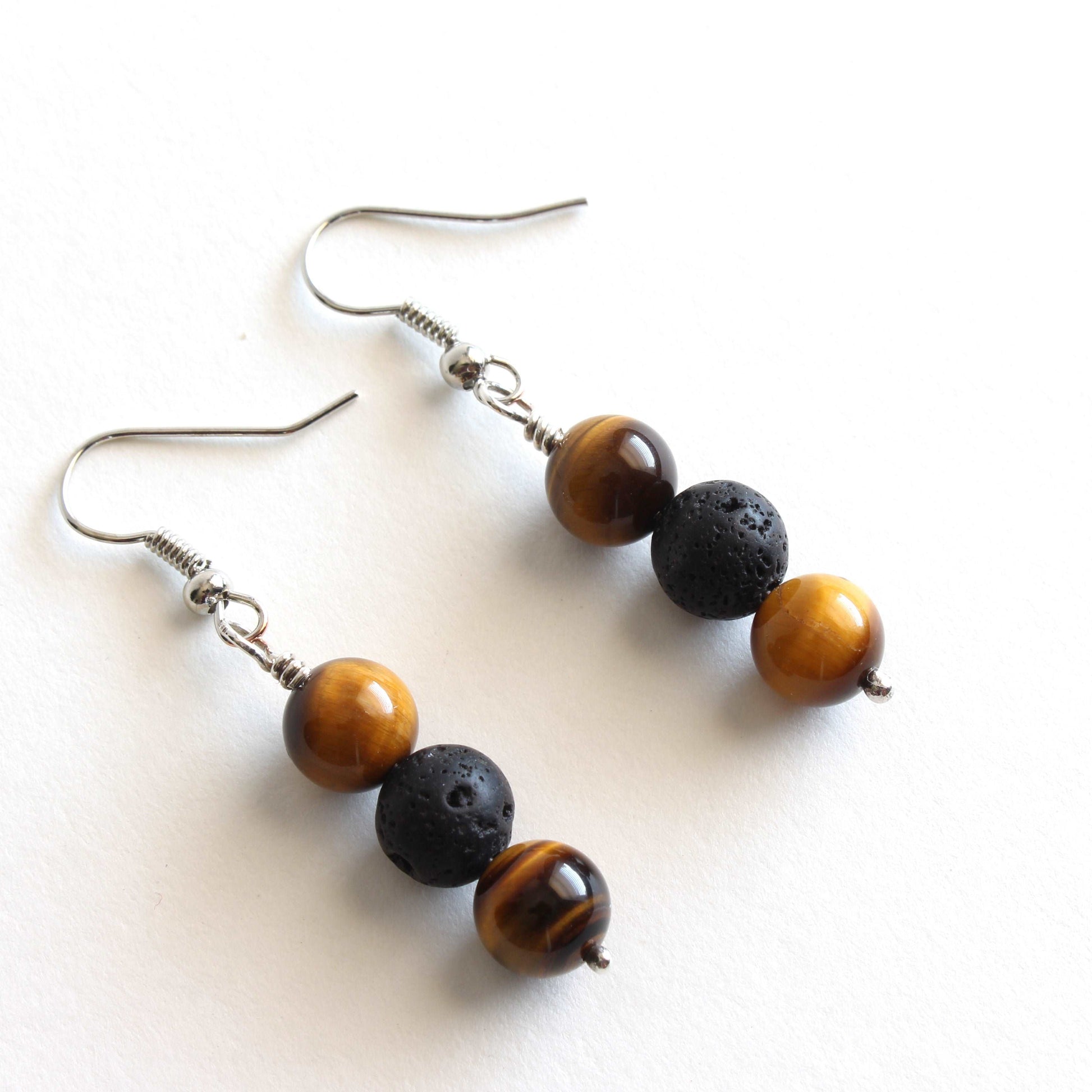 Sterling Silver Lava Rock and Tiger Eye Earrings