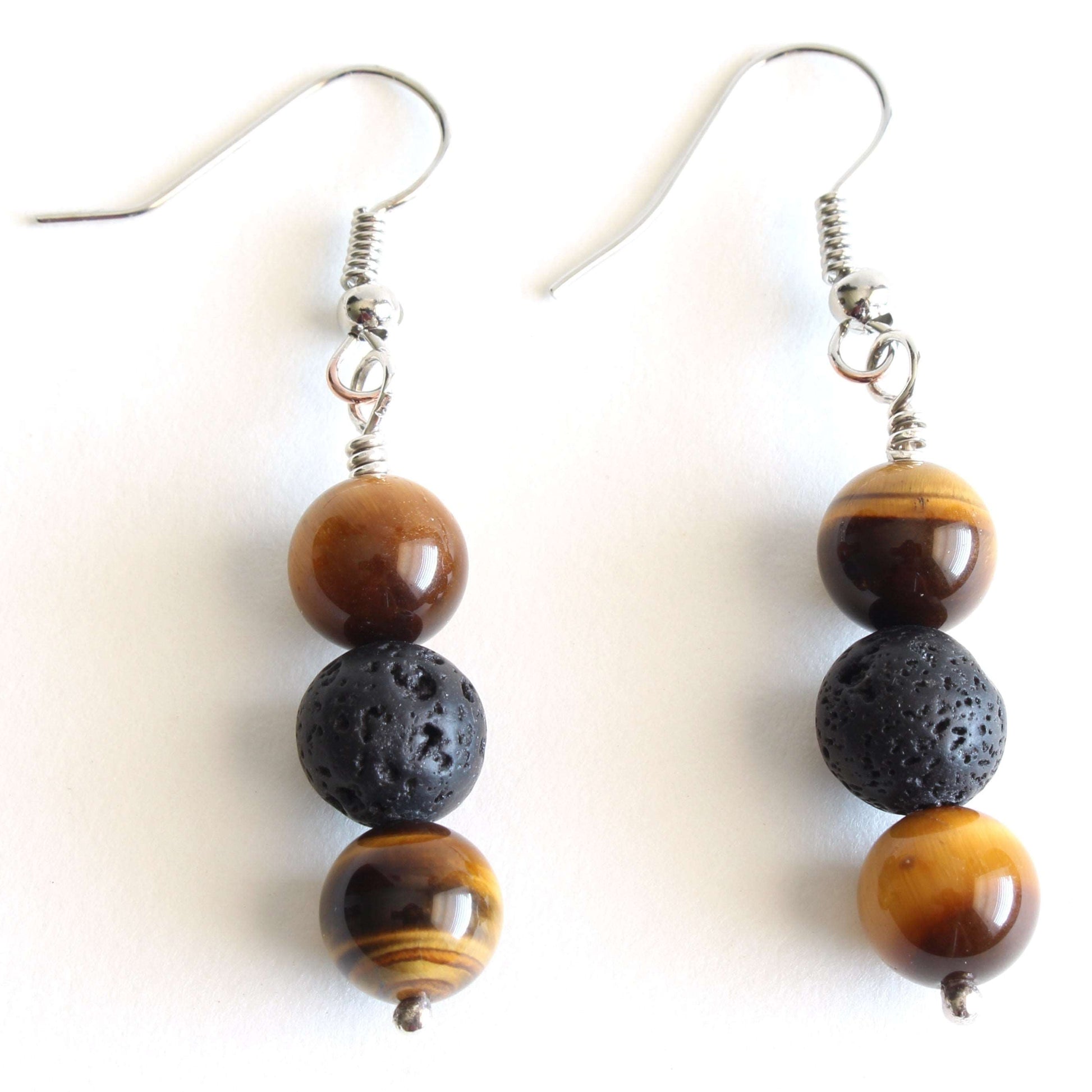 Sterling Silver Lava Rock and Tiger Eye Earrings