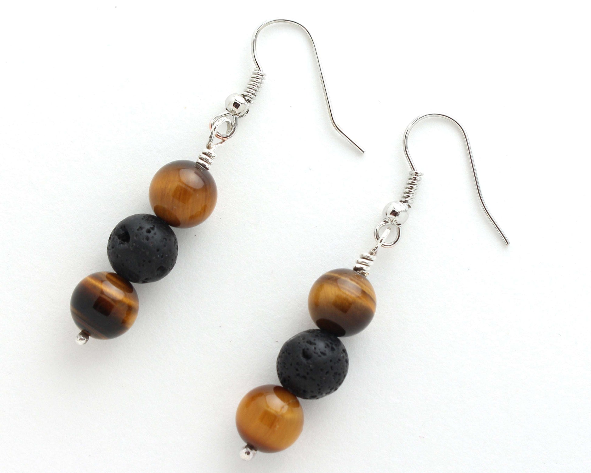Sterling Silver Lava Rock and Tiger Eye Earrings