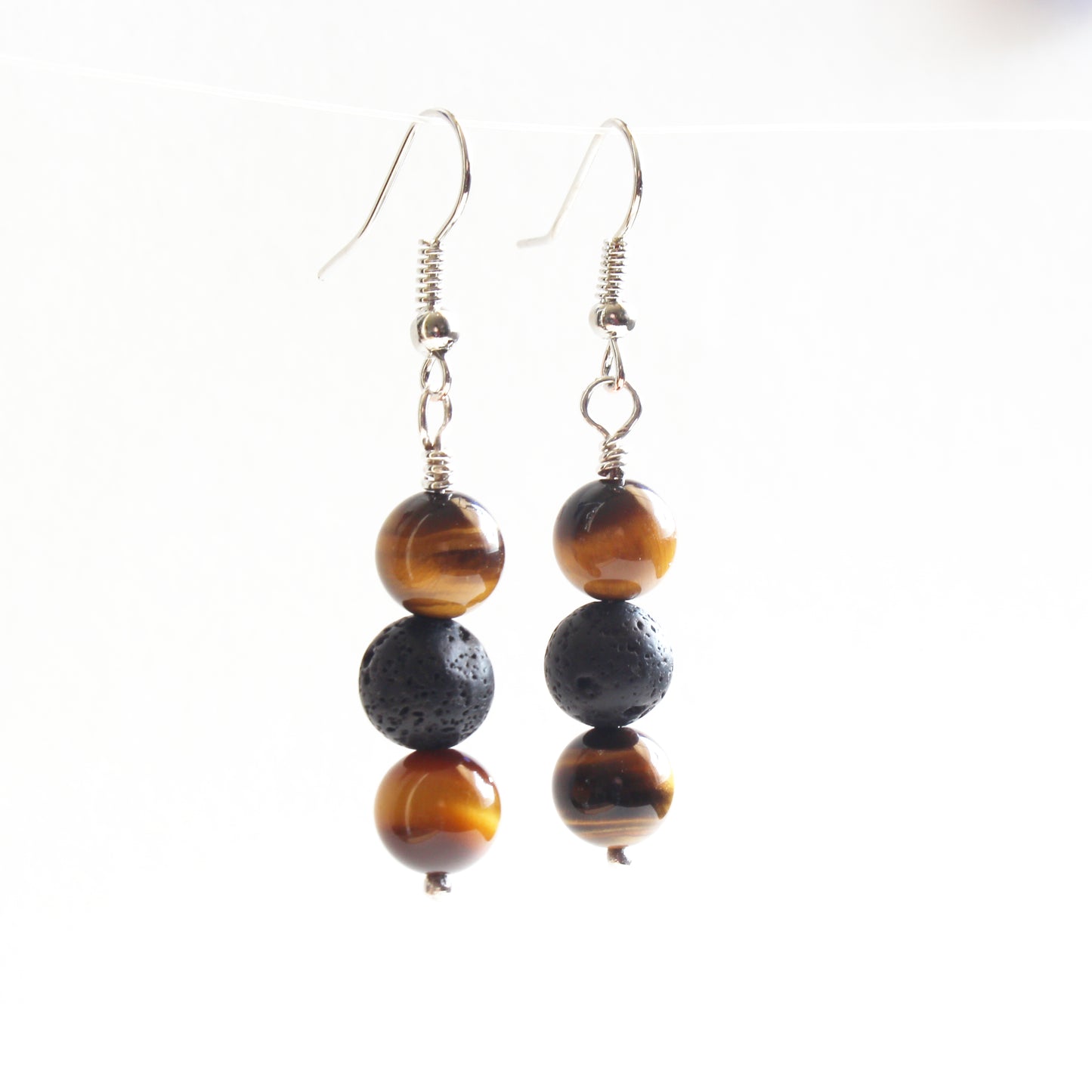 Sterling Silver Lava Rock and Tiger Eye Earrings
