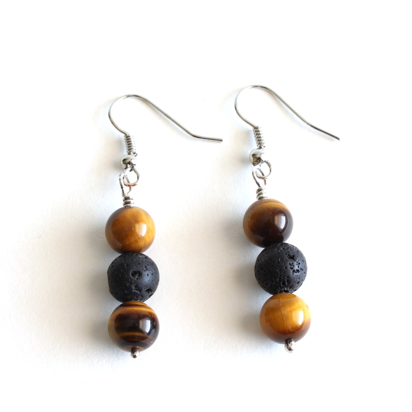 Sterling Silver Lava Rock and Tiger Eye Earrings