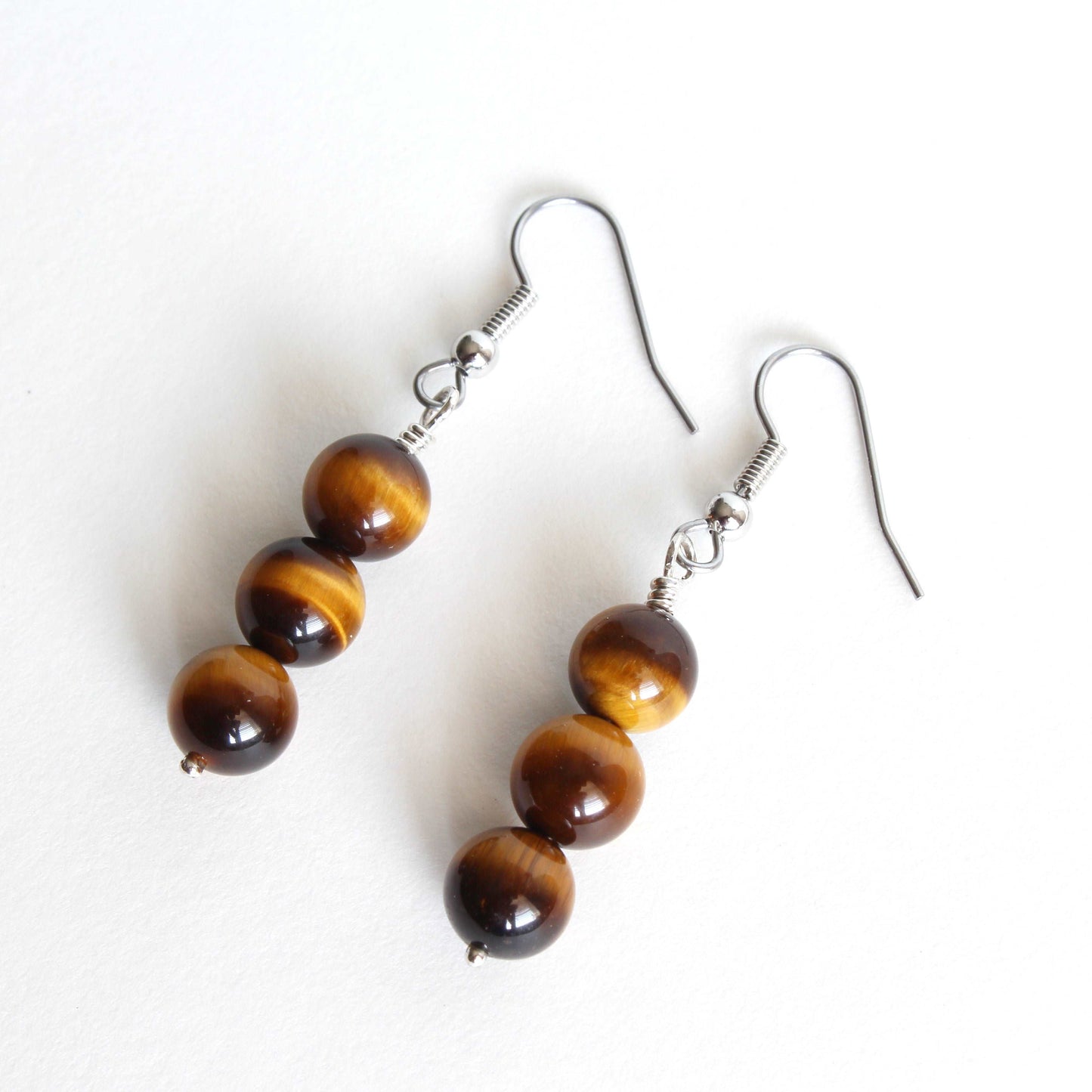 Tiger Eye Earrings 3 Beads neutral background
