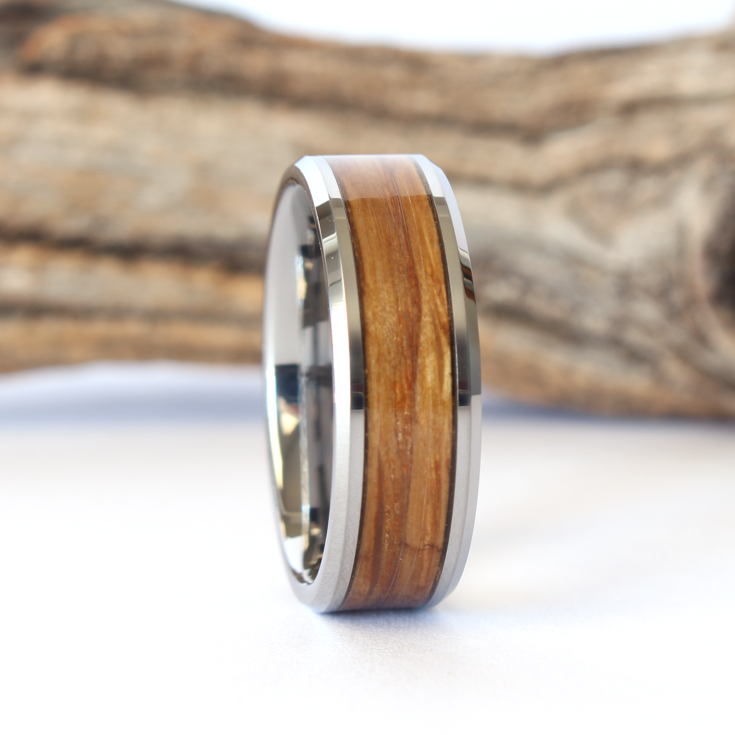 Tungsten Ring with Whiskey Barrel Wood Inlay