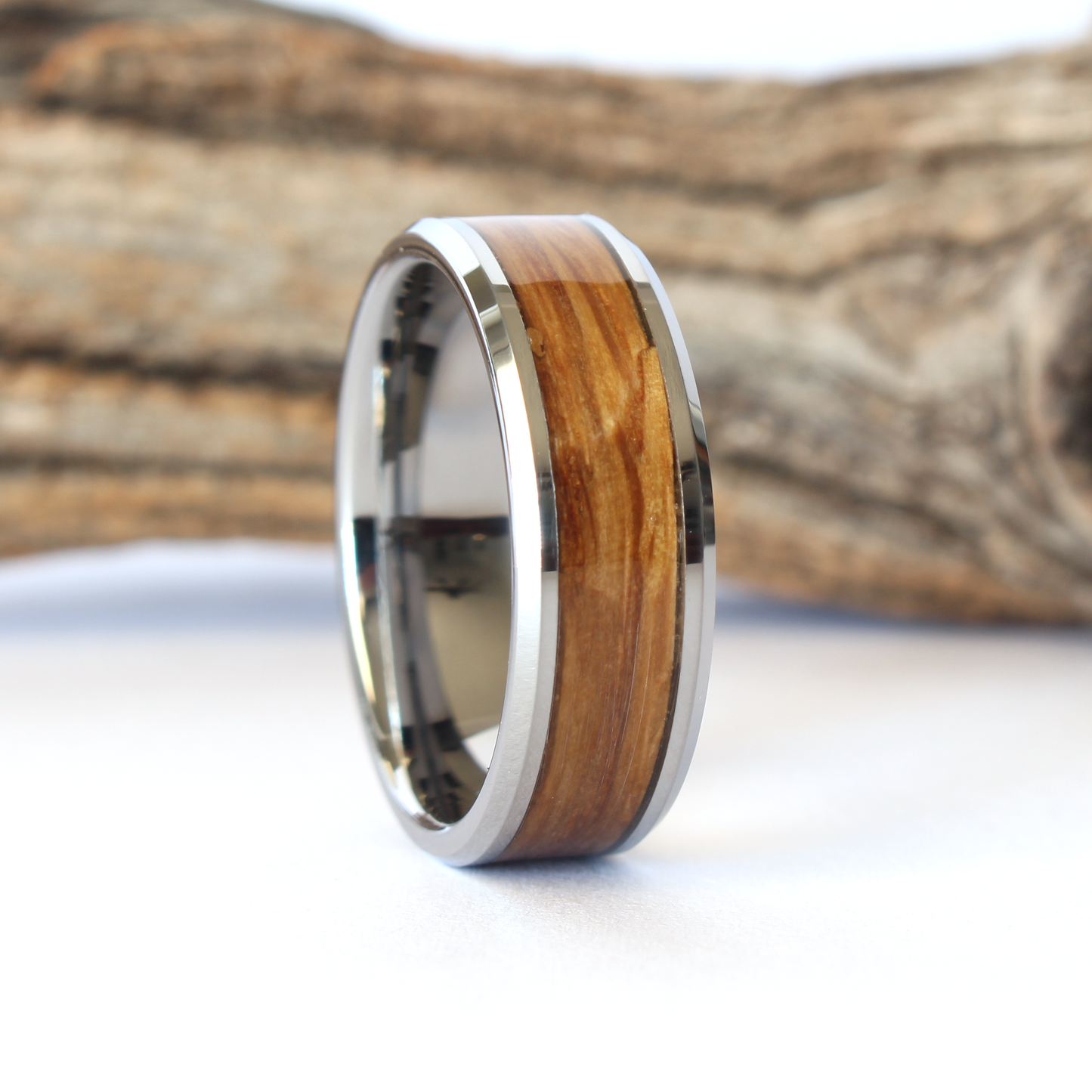 Tungsten Ring with Whiskey Barrel Wood Inlay