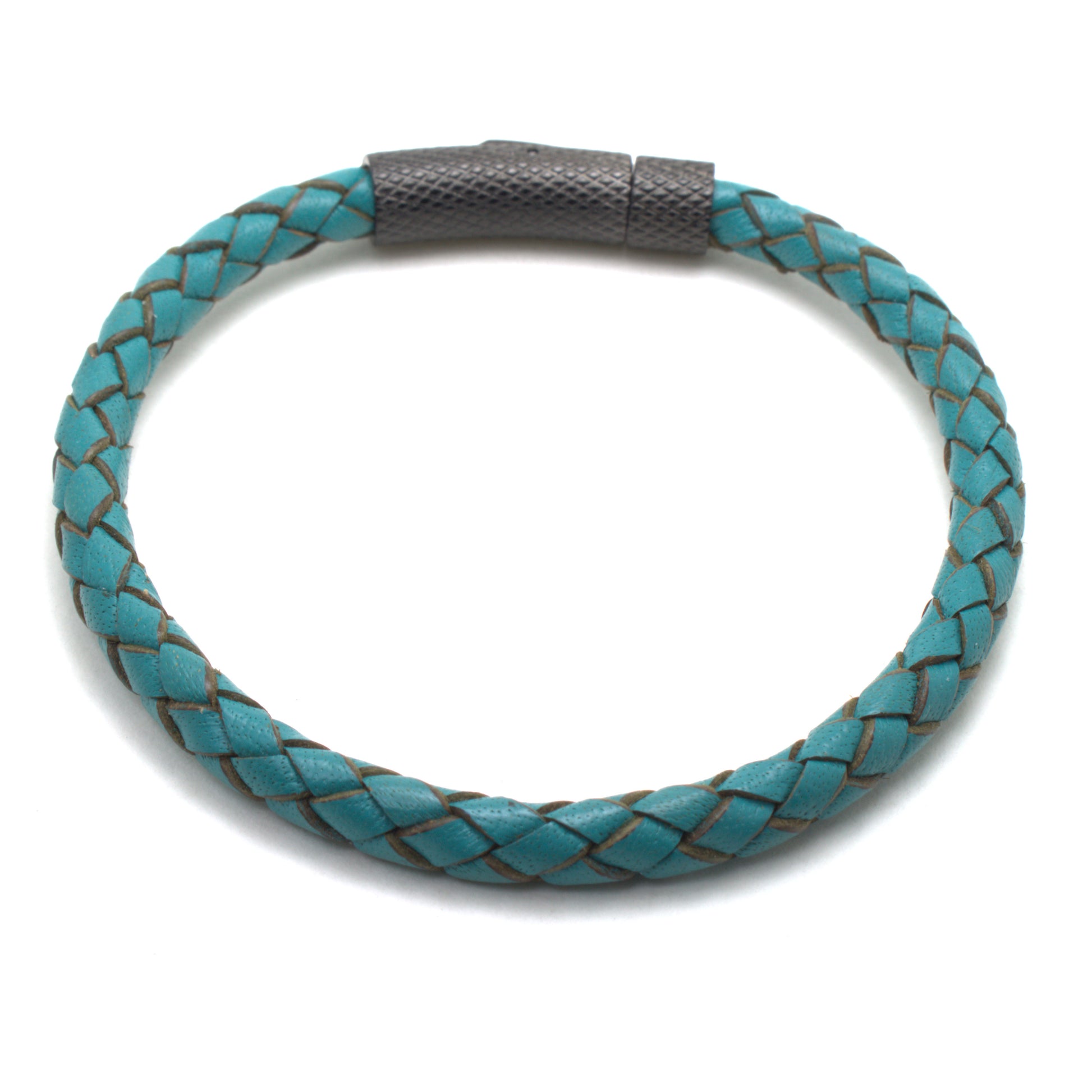 A turquoise braided round genuine leather bracelet with a stainless steel bayonet clasp.