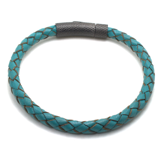 A turquoise braided round genuine leather bracelet with a stainless steel bayonet clasp.