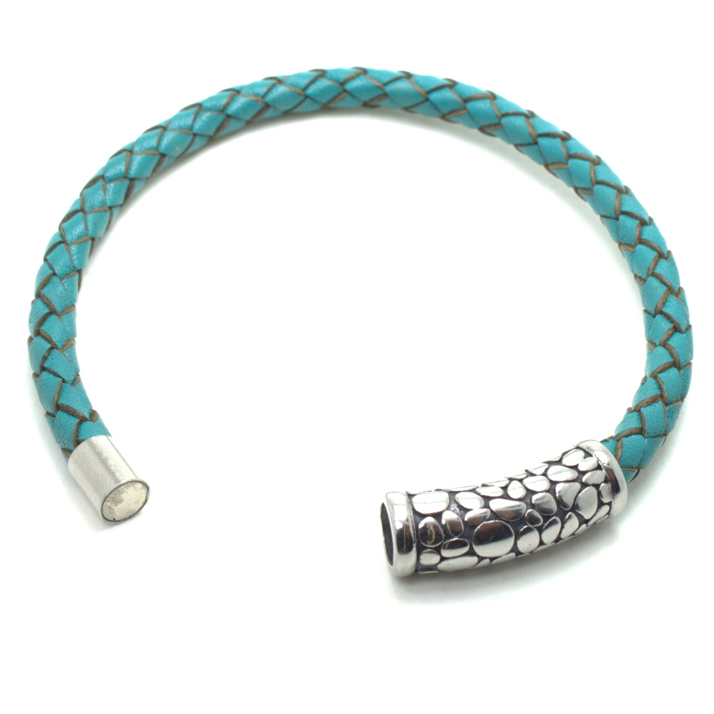 Turquoise Braided Round Genuine Leather Bracelet Textured Clasp