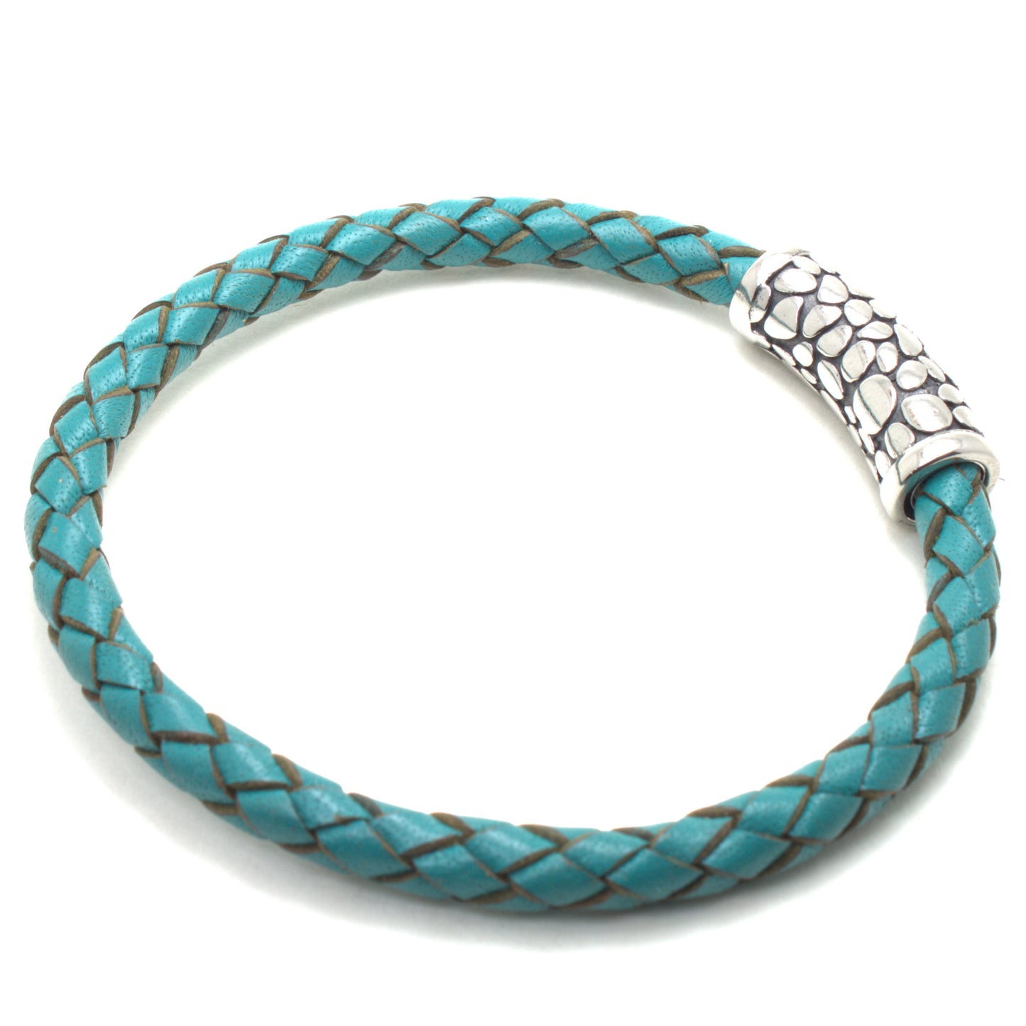 Turquoise Braided Round Genuine Leather Bracelet Textured Clasp