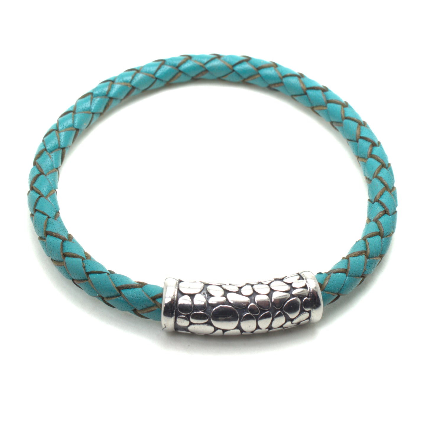 Turquoise Braided Round Genuine Leather Bracelet Textured Clasp