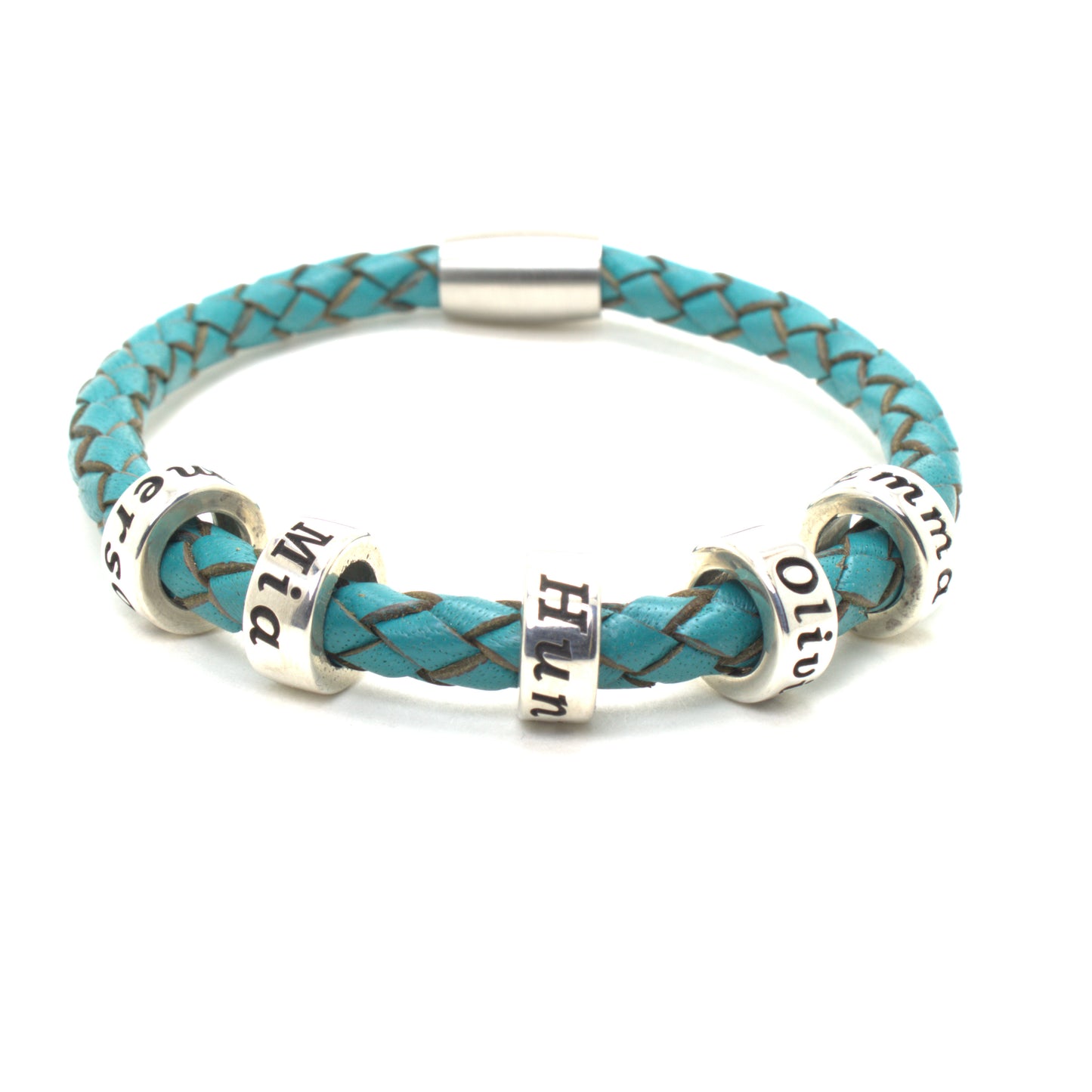 Turquoise Genuine Leather Bracket with 5 Personalized Beads, with a white background.