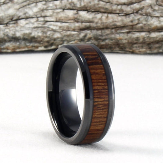 Size 10 1/2 Black Ceramic Ring with Rosewood Inlay