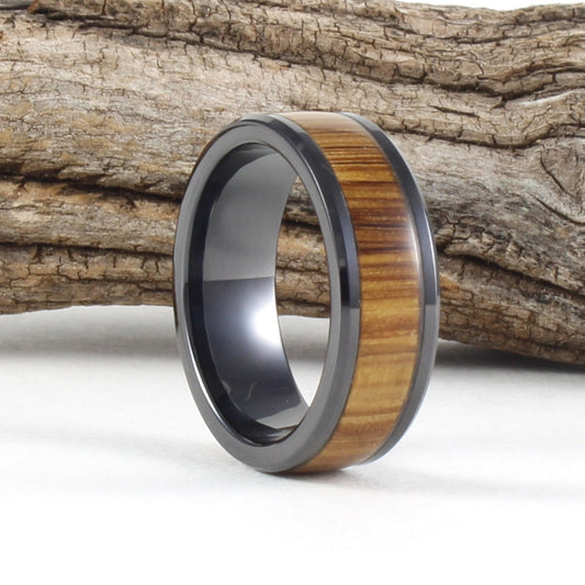 Size 11 Black Ceramic Ring with Whiskey Barrel Wood Inlay