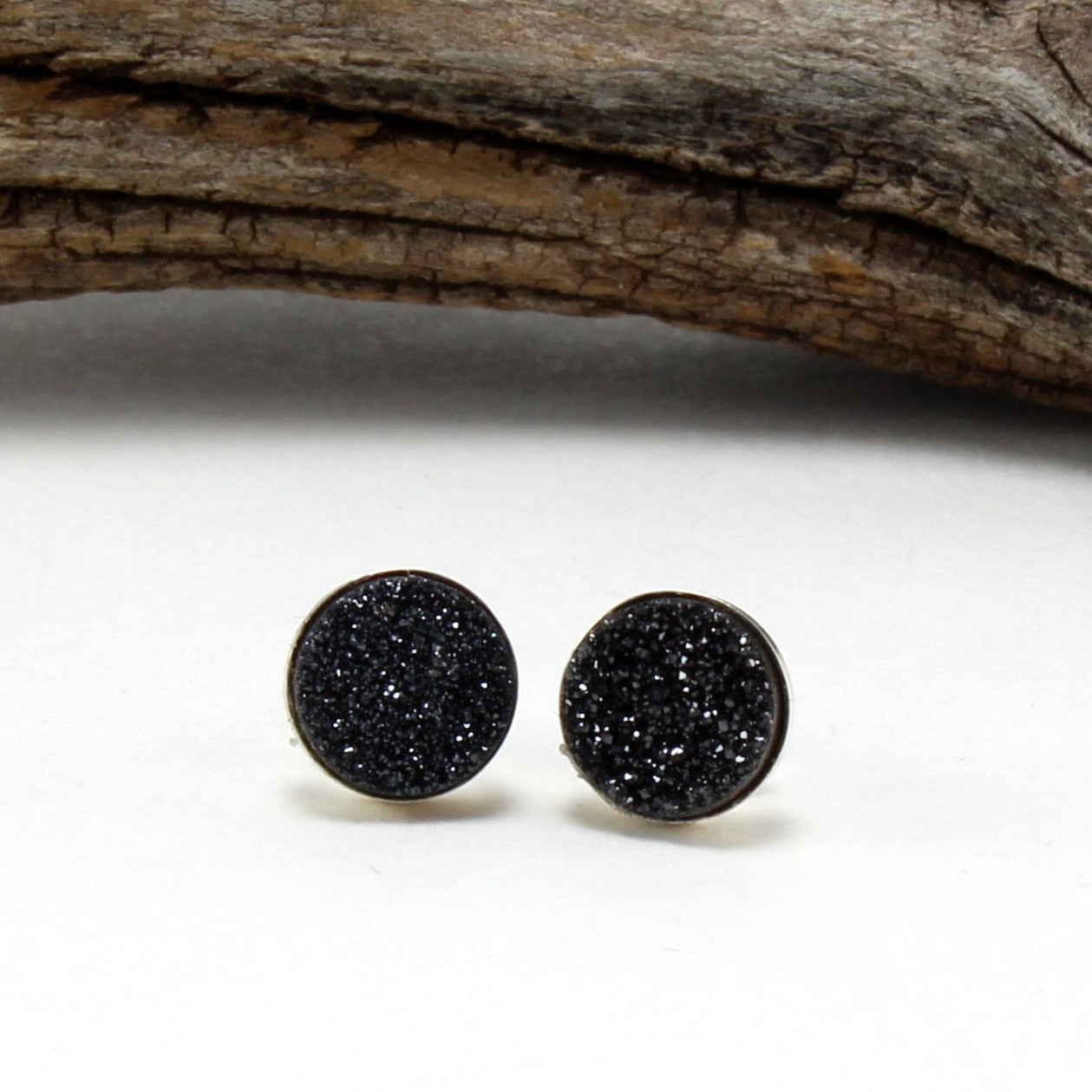 Black Druzy Stud Earrings in .925 Sterling Silver
