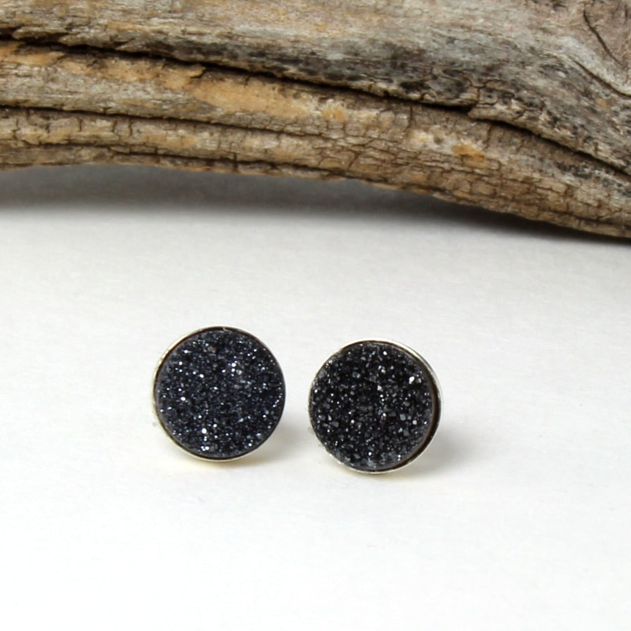 Black Druzy Stud Earrings in .925 Sterling Silver