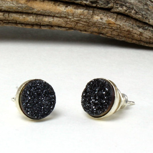 Black Druzy Stud Earrings in .925 Sterling Silver