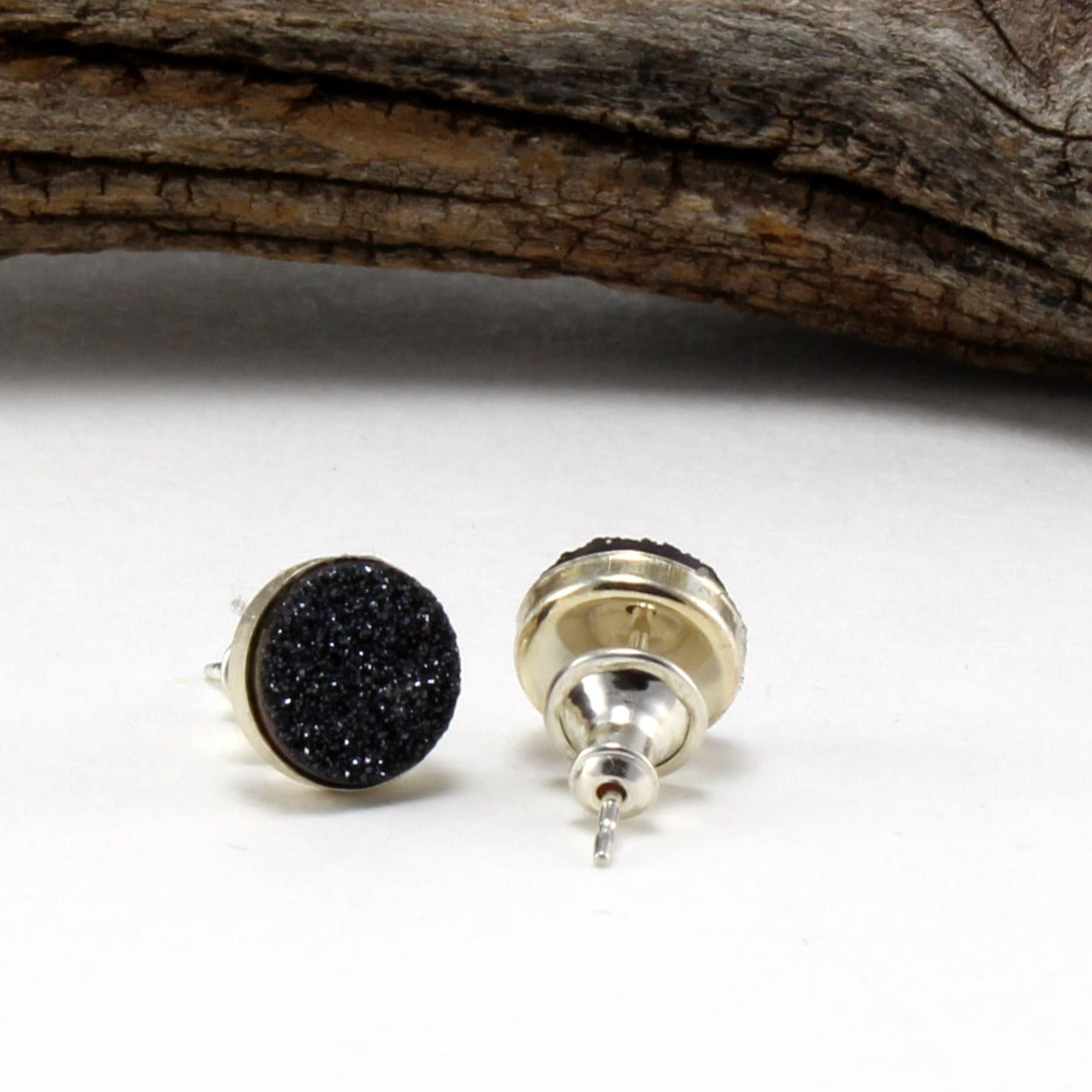 Black Druzy Stud Earrings in .925 Sterling Silver