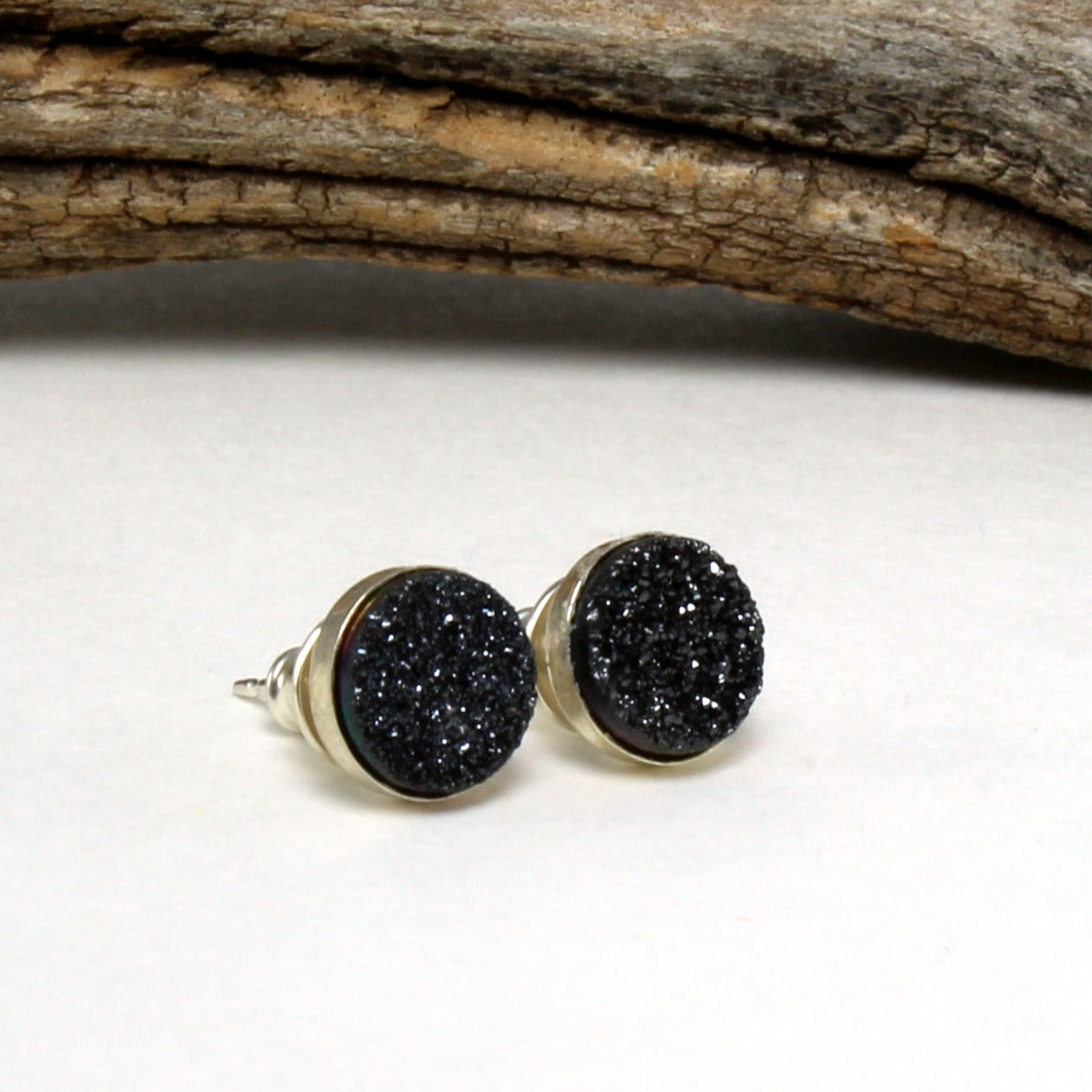 Black Druzy Stud Earrings in .925 Sterling Silver