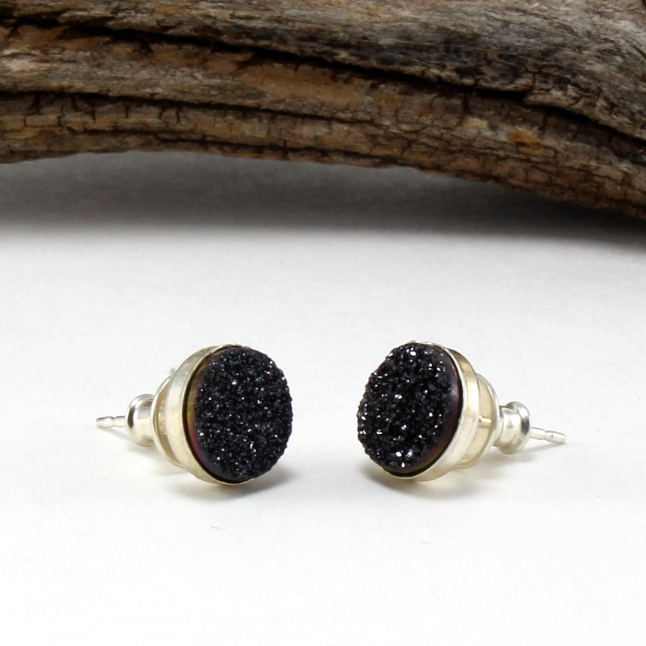 Black Druzy Stud Earrings in .925 Sterling Silver