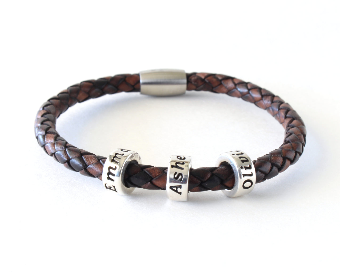 Antique Brown Braided Leather Bracelet with Personalized Sterling Silver Name Beads