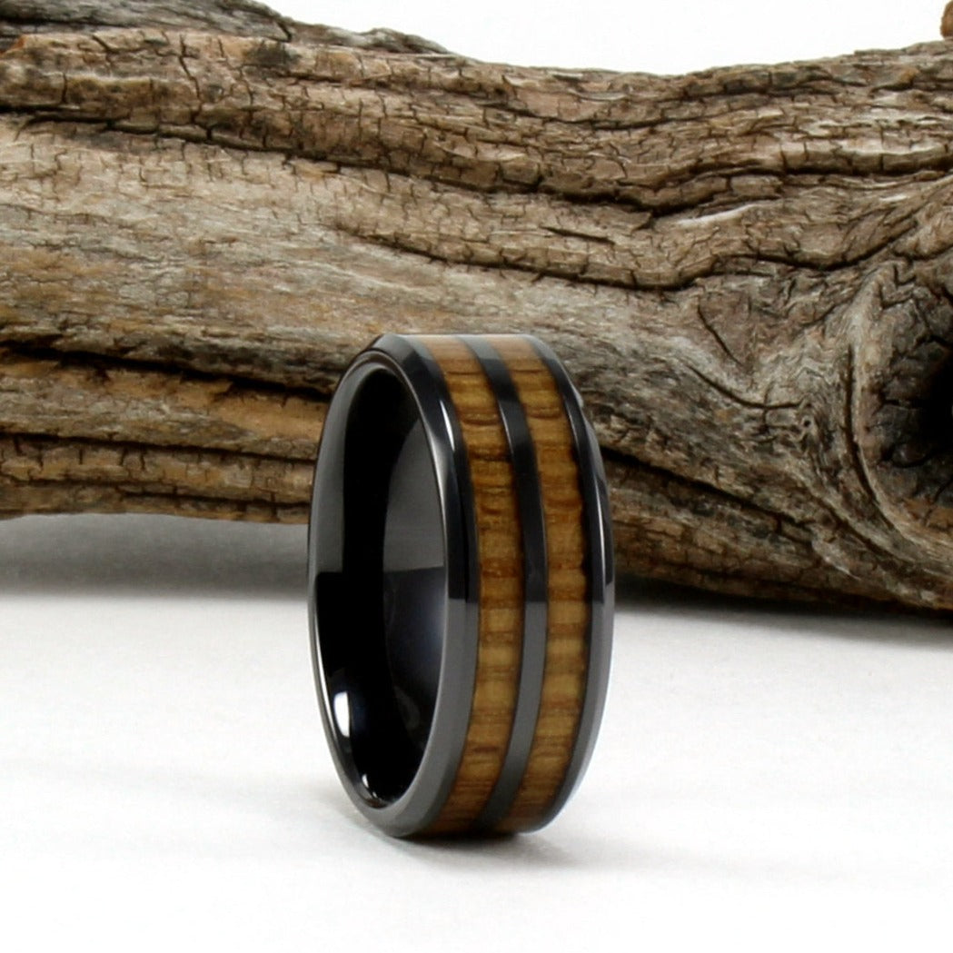 Black Ceramic Double Channel Ring with Whiskey Barrel Wood