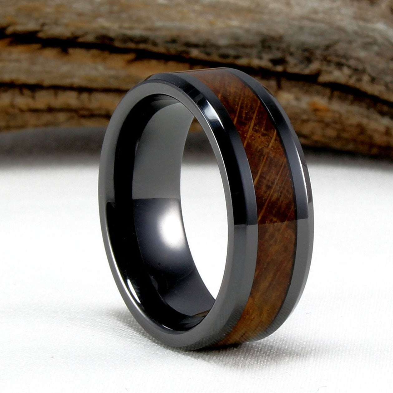 Black Ceramic Ring with Whiskey Barrel Wood Inlay