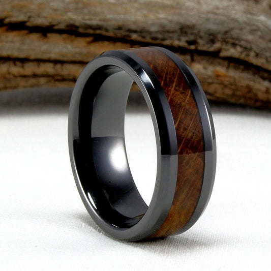 Black Ceramic Ring with Whiskey Barrel Wood Inlay