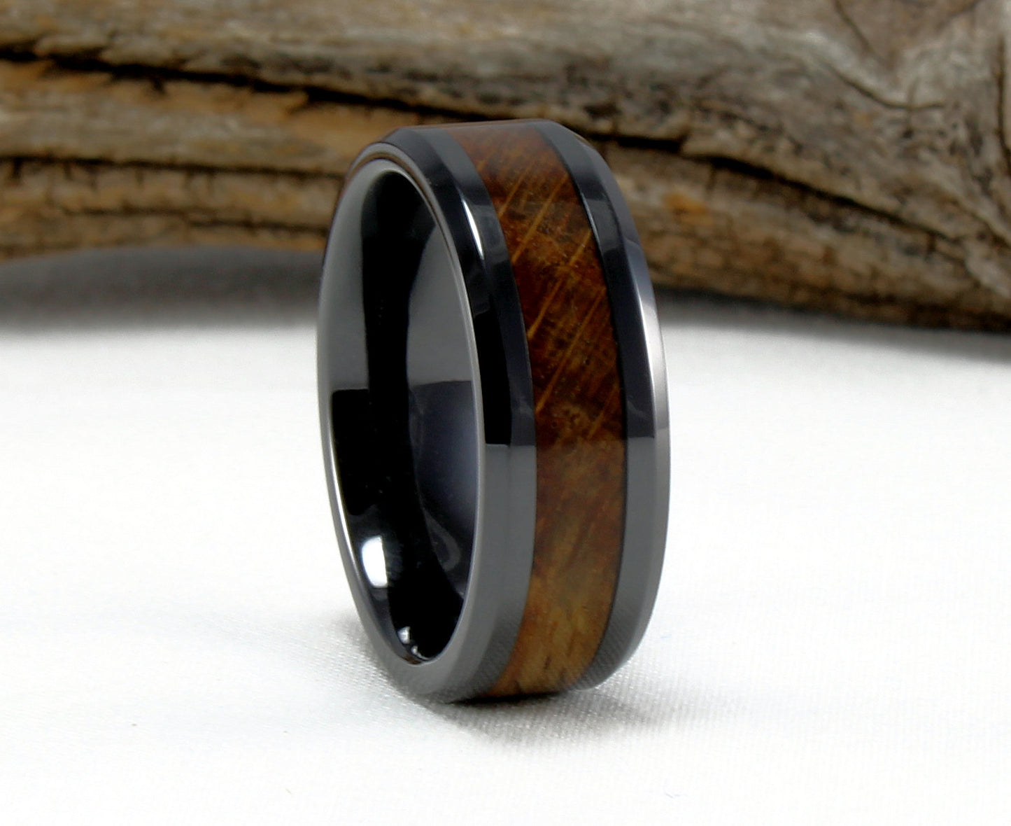 Black Ceramic Ring with Whiskey Barrel Wood Inlay